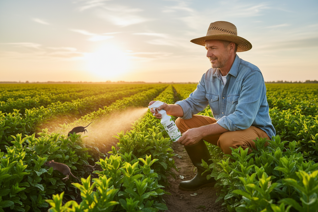 Farmer Spraying Rodents in Crop Field